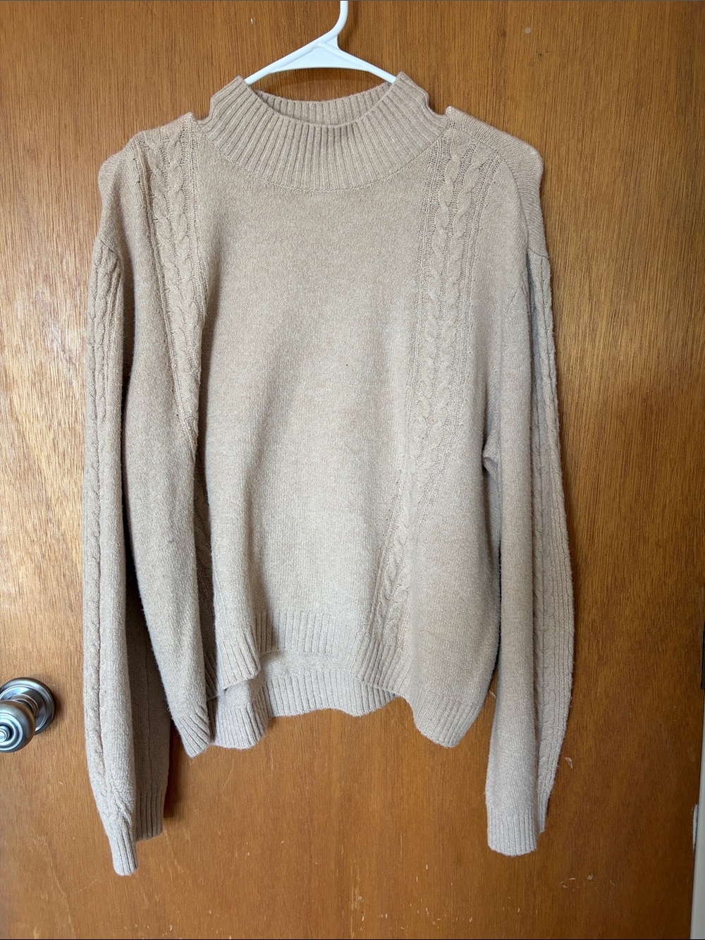 Women's Beige Cable-Knit Mock Neck Sweater